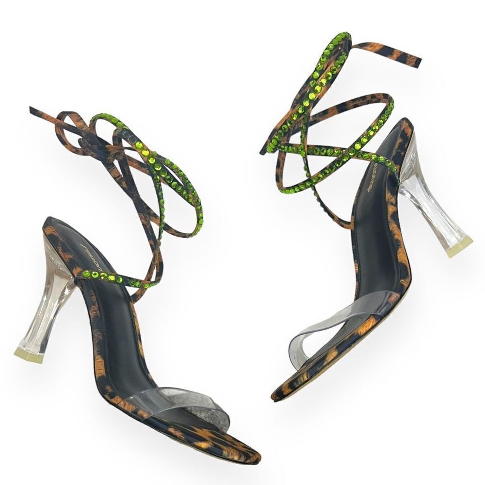 Larroude Disco Gloria Leopard-Print Wrap Sandals Heels Embellished Women Size 8 - Picture 2 of 6